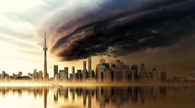 Breathtaking view of Toronto skyline with CN Tower at sunset, reflecting over water.