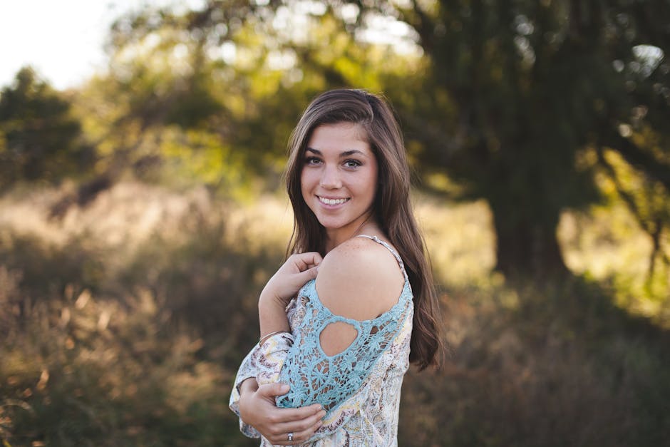 Woman in Blue White Cold Shoulder Shirt