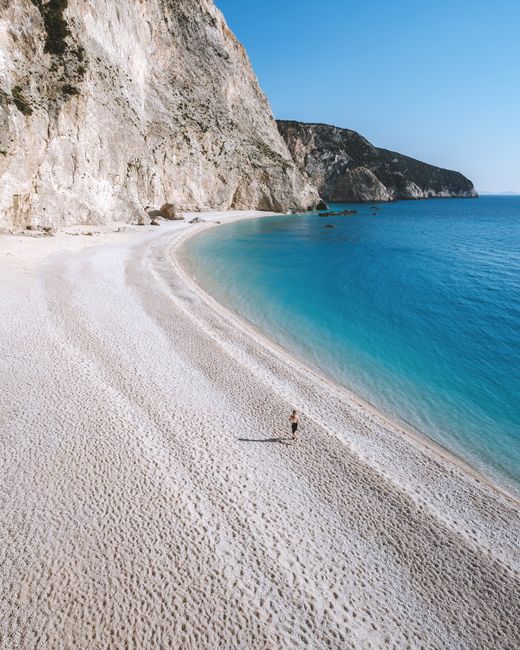 Aerial shot of Porto Katsiki Beach showing clear turquoise waters and dramatic cliffs, perfect summer escape.