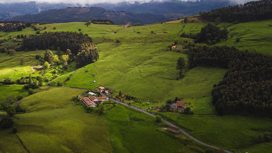 Una impresionante vista aérea que captura la exuberante vegetación de un pueblo rural rodeado de colinas y árboles.