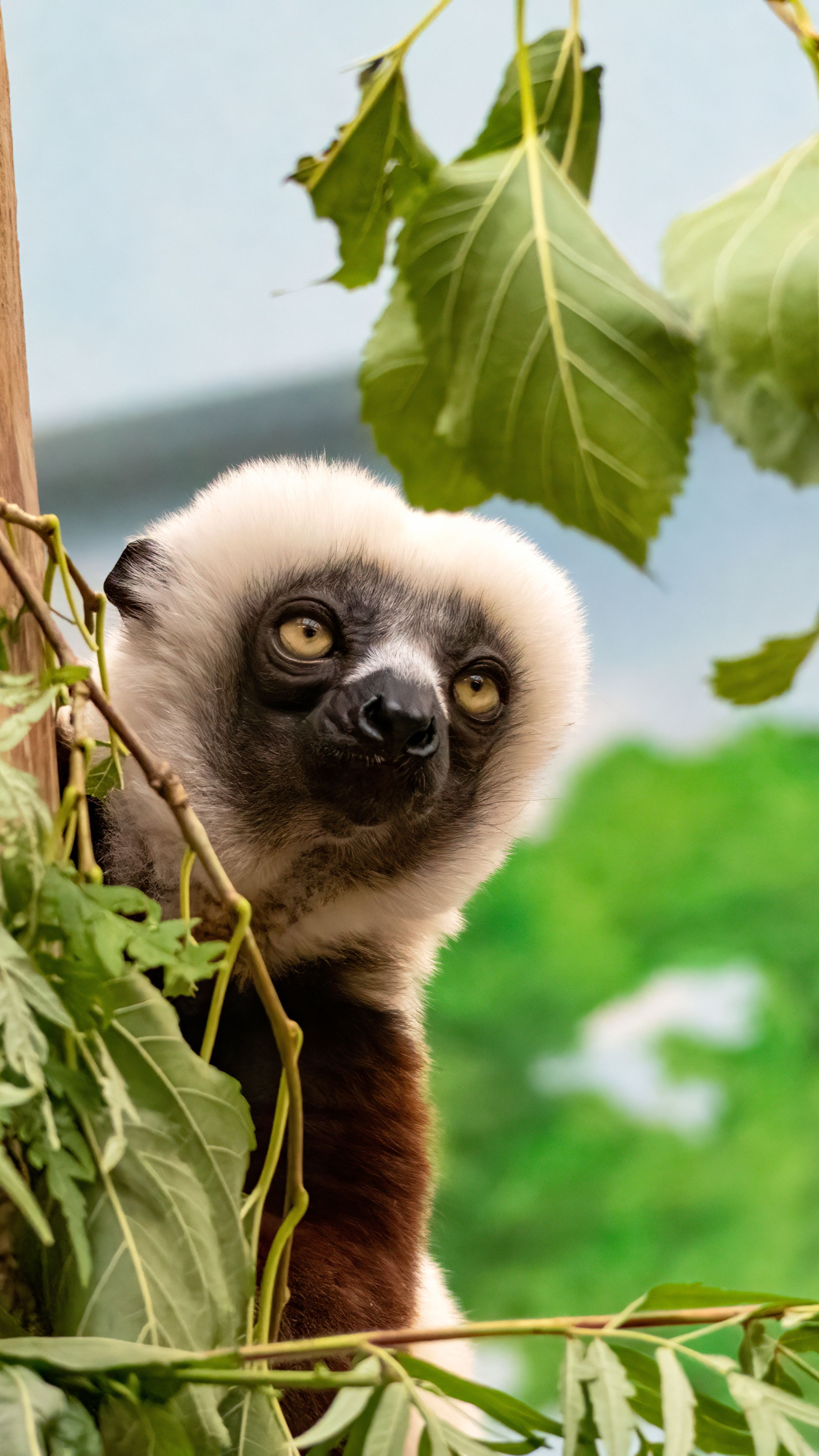 Captivating image of a lemur peeking through vibrant green foliage.