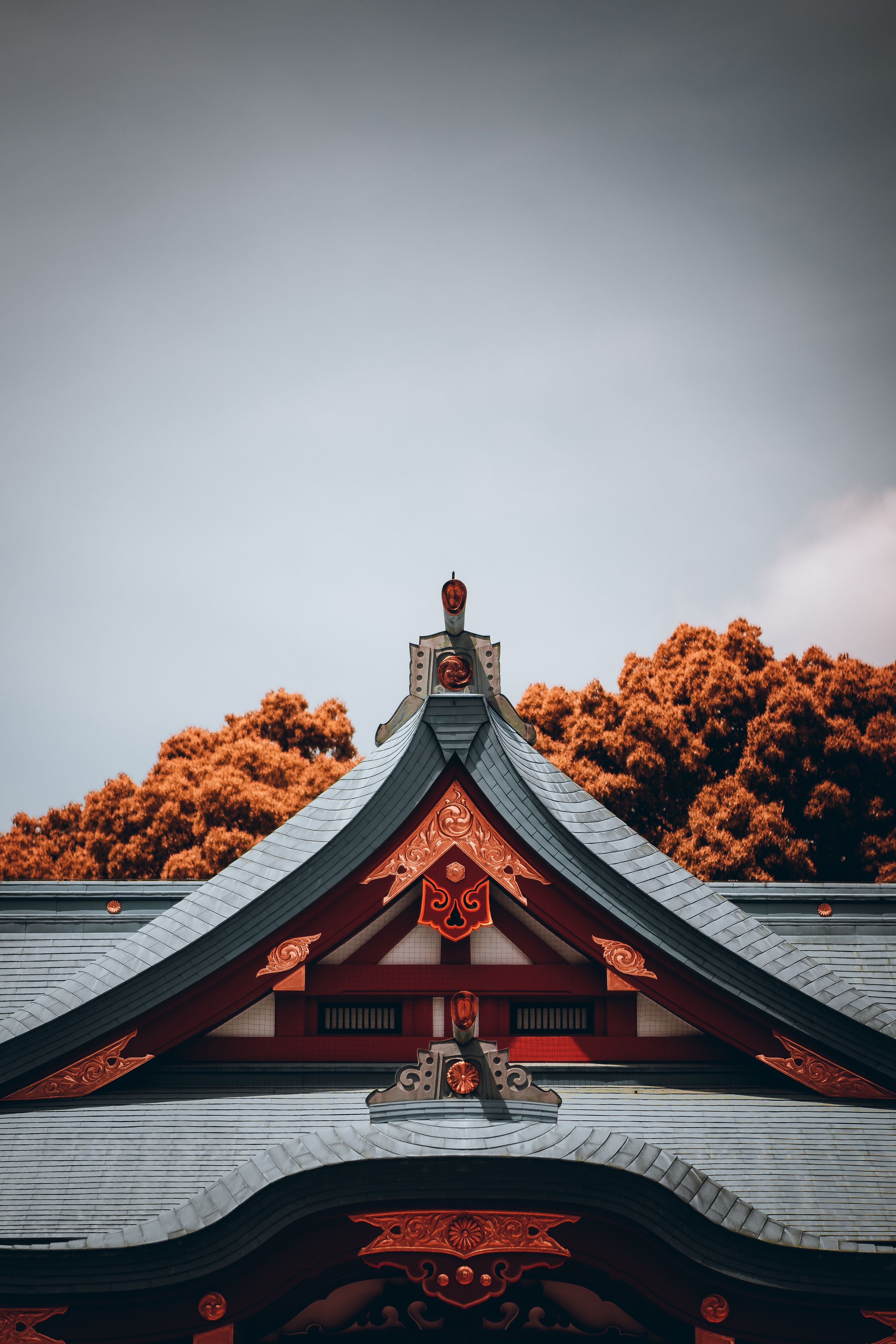 Detailed view of the traditional architecture of Hie Shrine's roof in Tokyo, Japan.