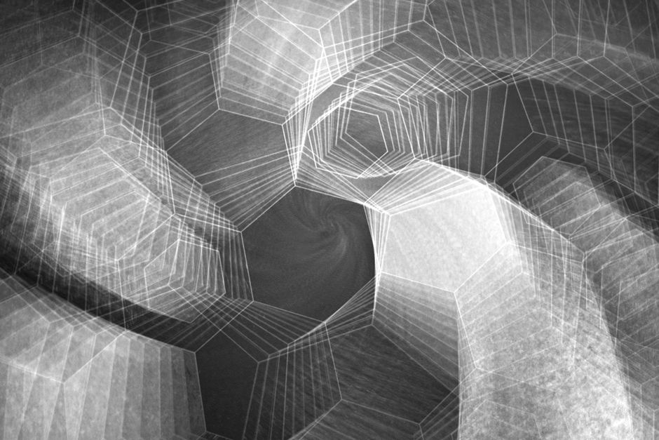 Black and white abstract pattern with geometric shapes and swirling design.