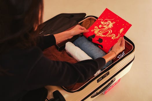 Woman packs suitcase with clothes and red festive envelope, symbolizing travel preparation.