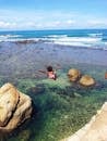 在斯里兰卡岩石海岸清澈的海水中，人们兴高采烈地跳进去，享受夏日的刺激