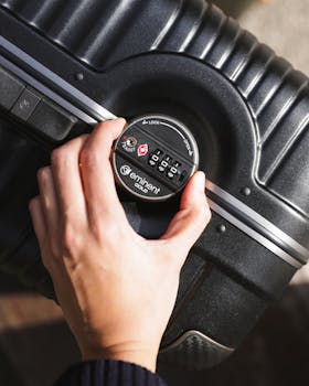 A hand locks a suitcase using a combination lock in a close-up shot, emphasizing security.