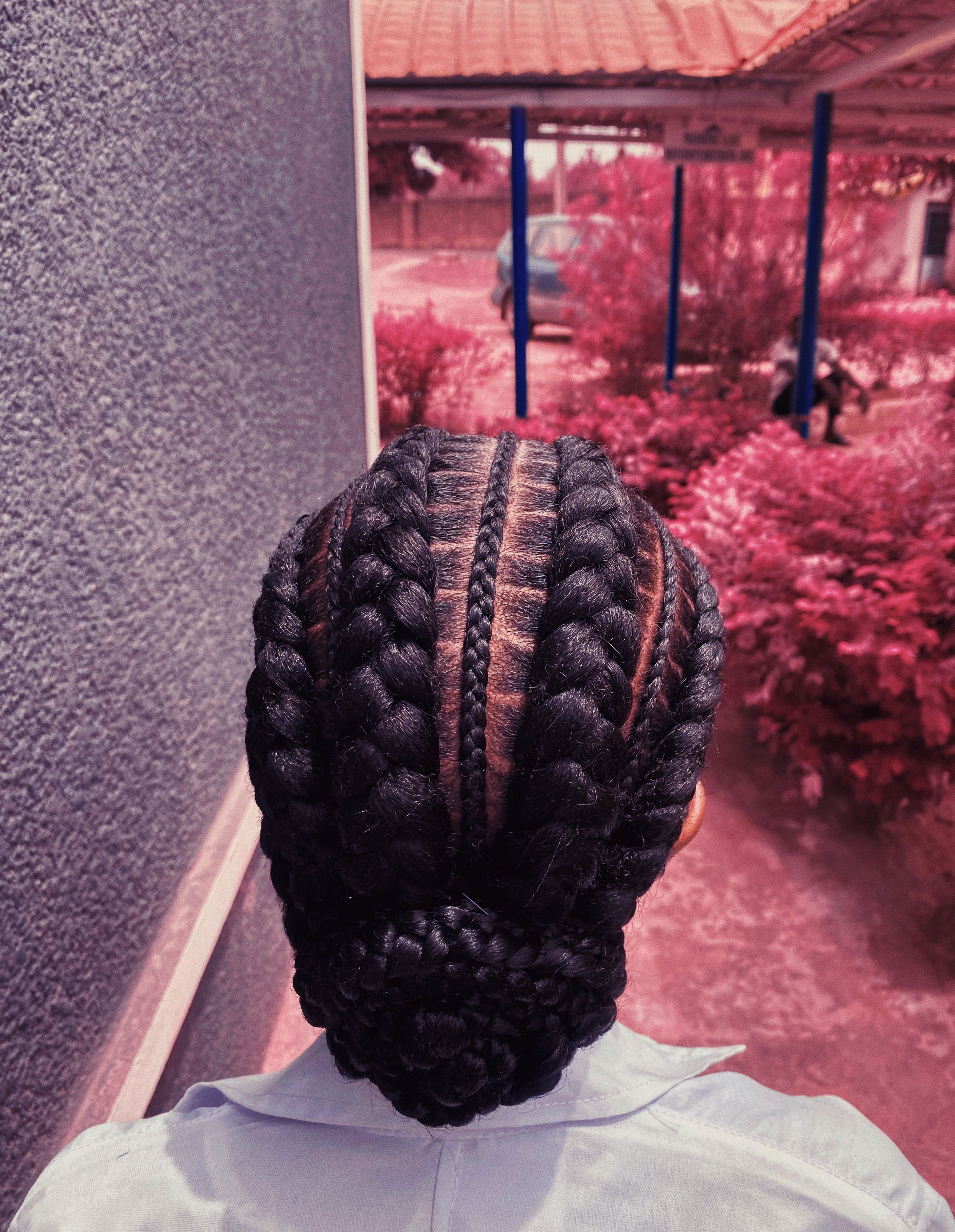Double dutch braids into low bun