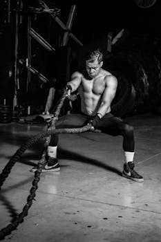 Muscular man performing a crossfit exercise with battle ropes in a dimly lit gym.