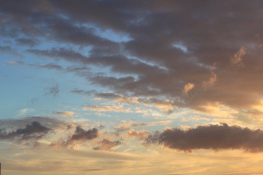 A peaceful view of clouds at sunset displaying warm tones and a clear sky.