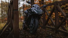 Motorcycle Parked on Footbridge in Forest