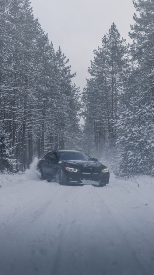 Free A sleek car navigates a snow-covered dirt road through a dense winter forest, ideal for wallpapers. Stock Photo
