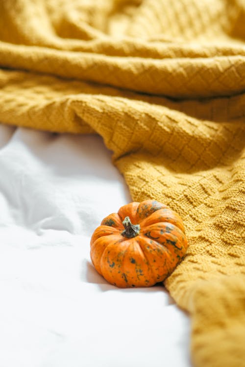 A small pumpkin sits on top of a blanket