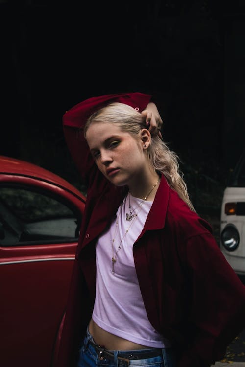 Woman Wearing Red Suit Jacket