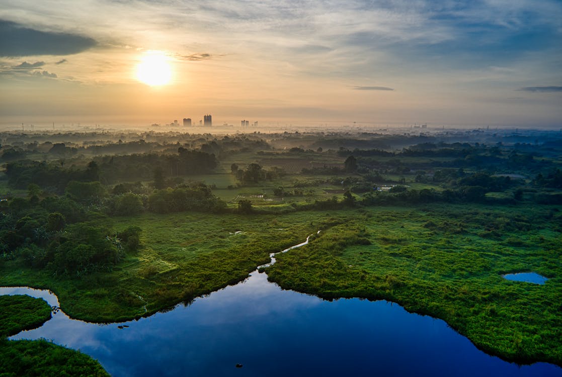 Free Aerial Photography of Landscape With View Of Sunset Stock Photo