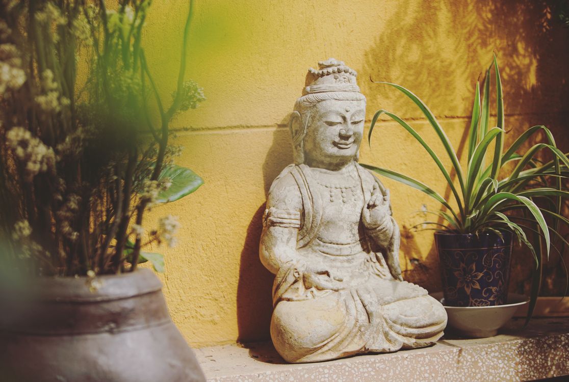 Free A tranquil stone Buddha statue surrounded by plants, symbolizing peace and meditation in a garden setting. Stock Photo