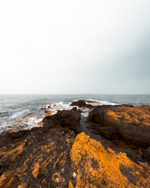 A rocky shore with orange rocks and a cloudy sky