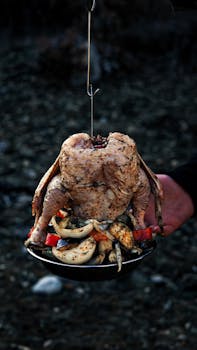 Rustic camping setup with a roasted chicken hanging over mixed vegetables, capturing the essence of outdoor cooking adventure.