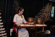 Woman in traditional attire skillfully playing the dan tranh instrument indoors.