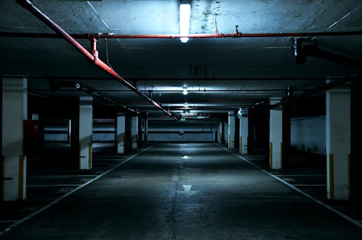 A dimly lit, eerie underground parking lot in Cardiff, Wales.