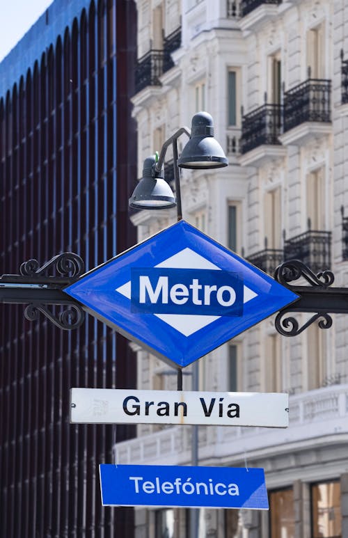 A street sign with the word metro and a blue sign