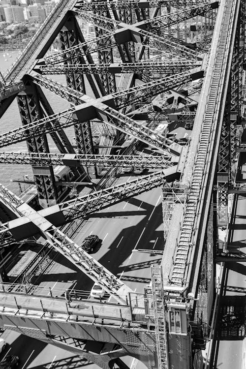 Steel bridge from above in black and white