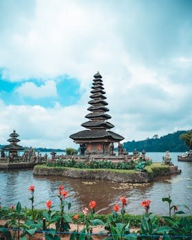 Serene lake view of Ulun Danu Beratan Temple, a popular tourist attraction in Bali, Indonesia.