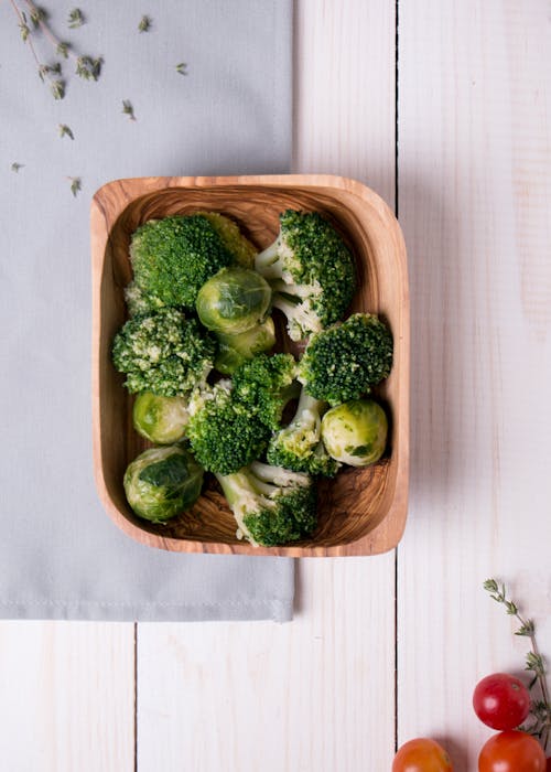 Imagine de stoc gratuită din alimente plate flat, bol din lemn, broccoli