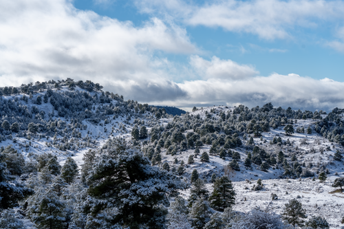 Free A scenic winter panorama of snow-covered hills and trees in Huerta del Marquesado, Spain. Stock Photo