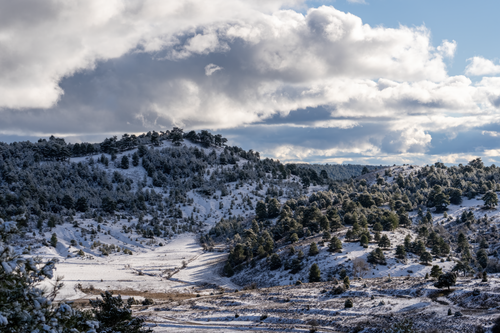 Free Breathtaking winter scene in Huerta del Marquesado, showcasing snow-covered hills and pine trees under cloudy skies. Stock Photo