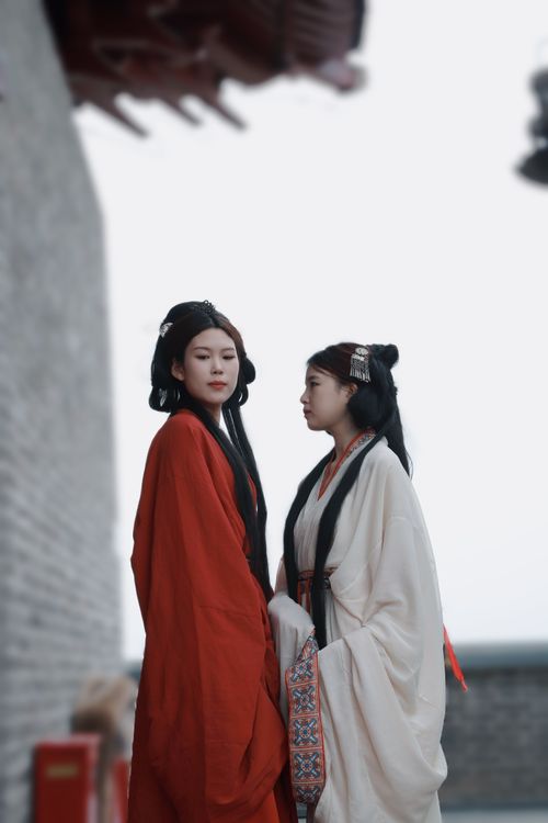 Free Two Asian women in traditional attire, exuding elegance in an outdoor setting. Stock Photo