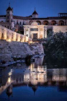 Scenic view of Córdoba's Roman Bridge illuminated at night with reflections in the river.