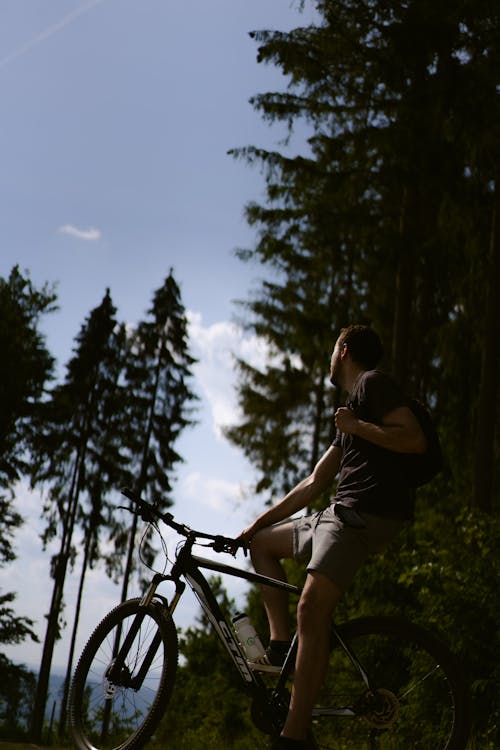 A man riding a bike on a trail in the woods