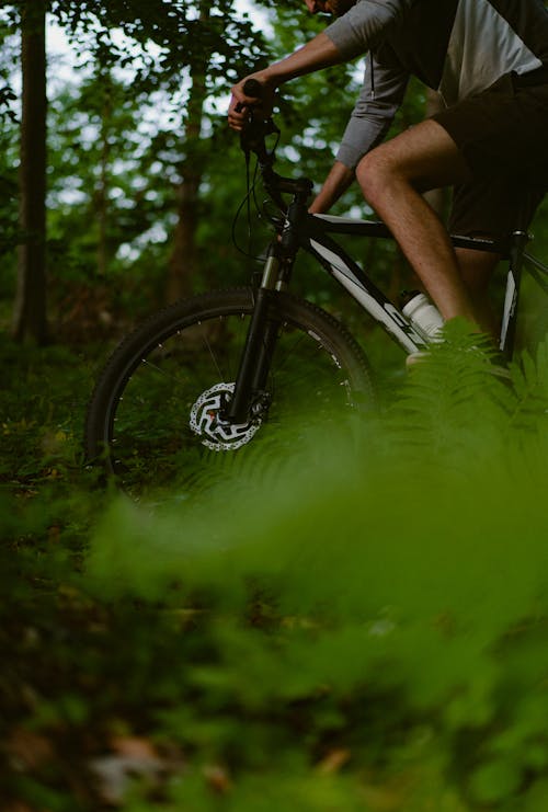 A man riding a mountain bike through the woods