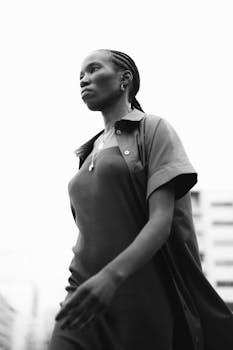 Black and white image of a woman walking confidently in fashionable attire.