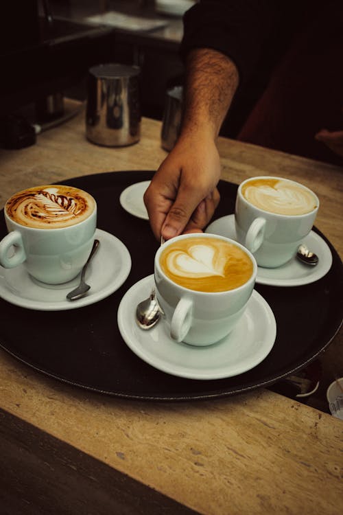 A person is holding a tray with three cups of coffee