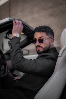 Confident man in a cabriolet wearing sunglasses and a suit, showcasing urban elegance.
