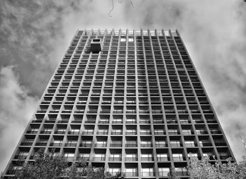 Black and white photo of a tall building