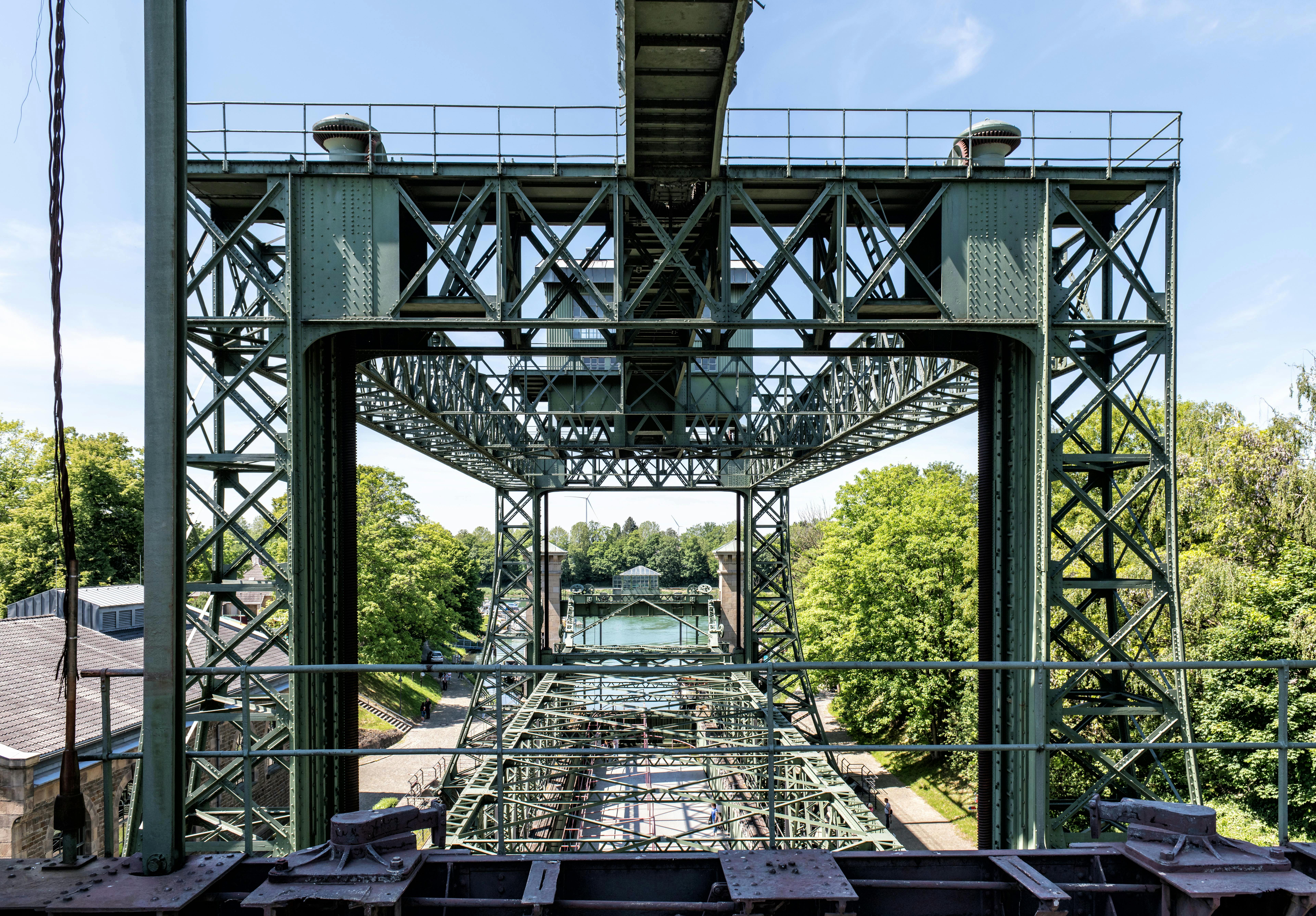 View of a monumental steel ship lift in Waltrop, Germany, showcasing innovative engineering.
