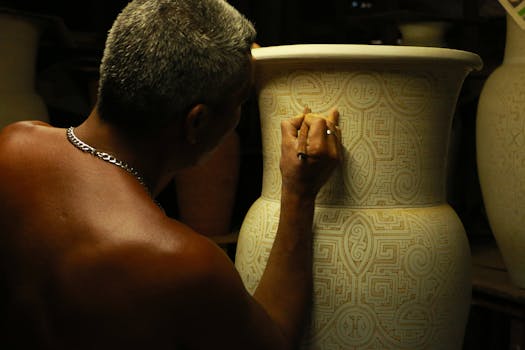 Close-up of a man skillfully engraving detailed patterns on a large ceramic vase, showcasing traditional craftsmanship.