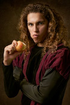 卷发男子穿着文艺复兴风格的服装，咬着苹果