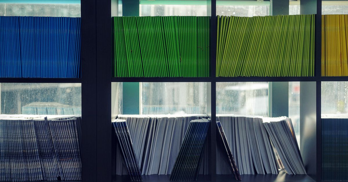 Stacked books in a library