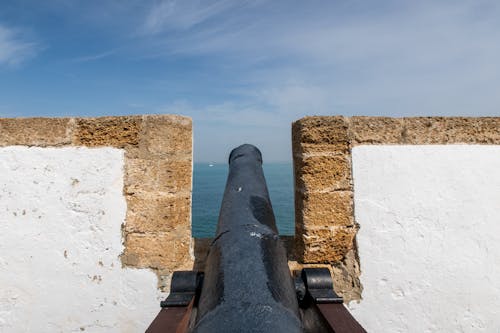 A cannon is pointed at the ocean from a wall