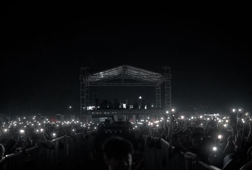 A captivating night concert with a crowd holding phone lights, creating a starry ambiance.