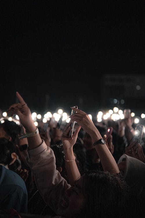 A crowd of people holding up their cell phones
