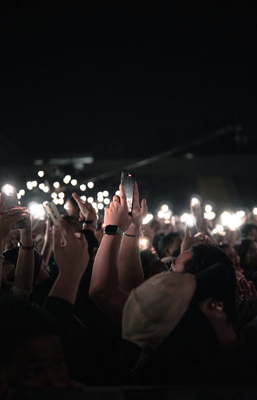 A crowd of people holding up their cell phones