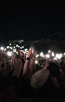 Crowd at a night concert illuminating the scene with their phones in a lively atmosphere.