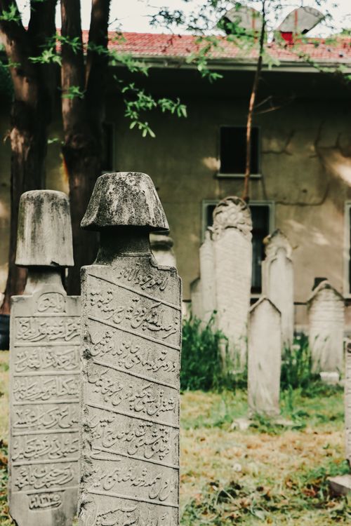 Free Intricately carved Ottoman gravestones in Istanbul's historic Eyüp Cemetery. Stock Photo