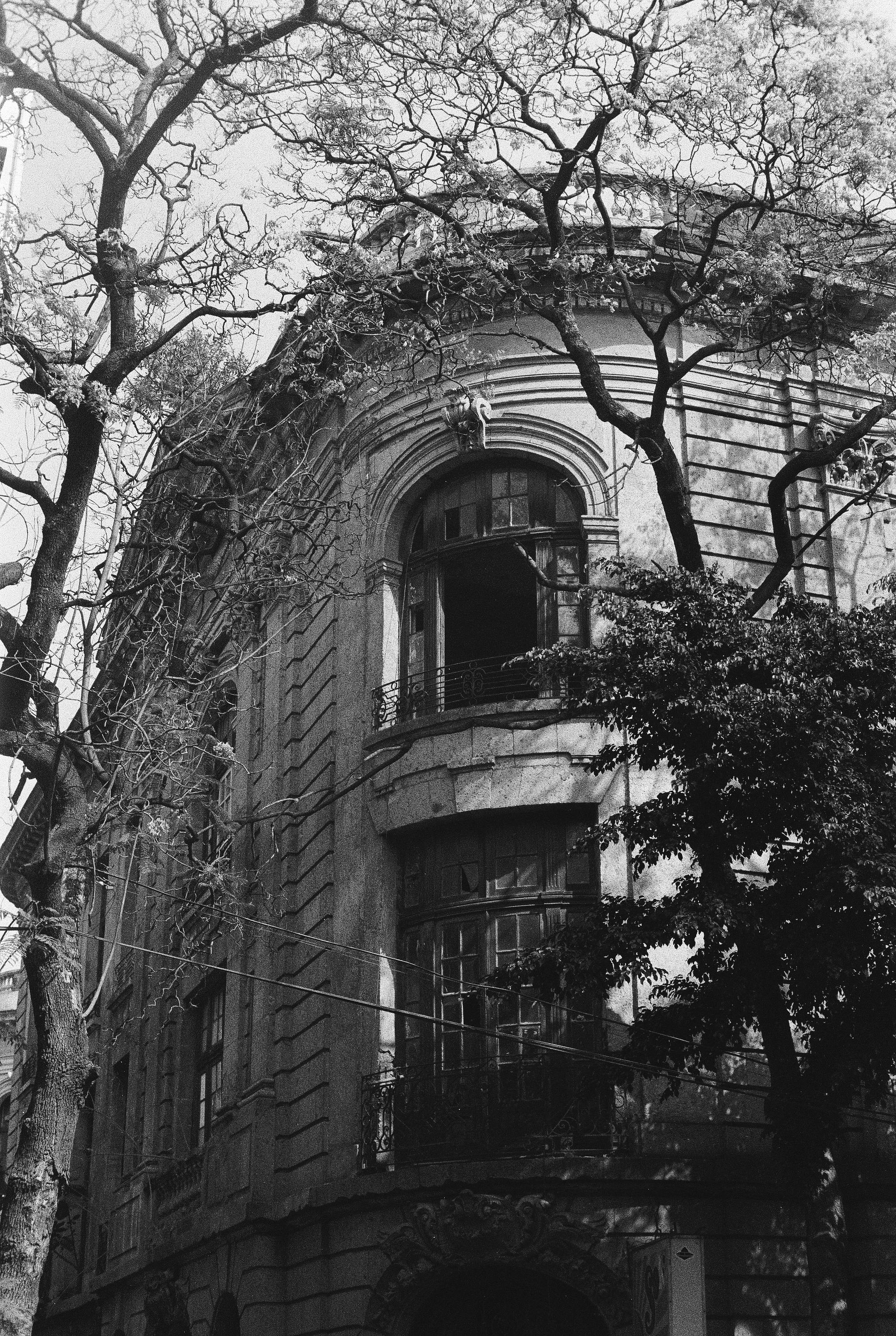 Black and white photo of a classic residential building facade in Mexico City.