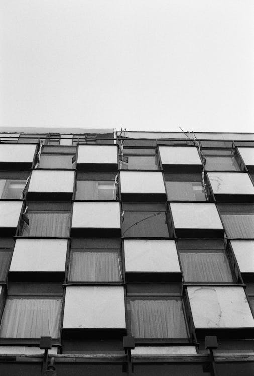 Black and white photograph of a building with windows