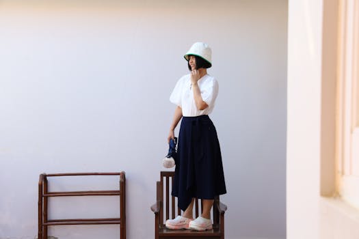 Stylish woman in a hat posing indoors with elegant attire showcasing modern fashion.